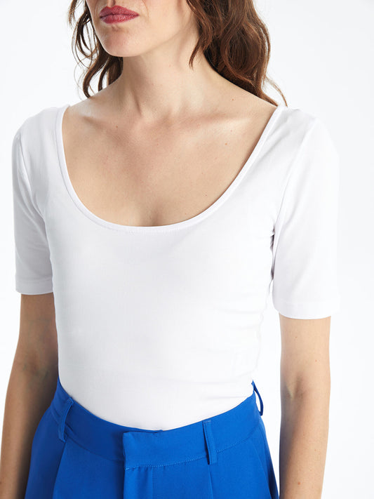 U Neck Plain Short Sleeve Women's Crop Top | White