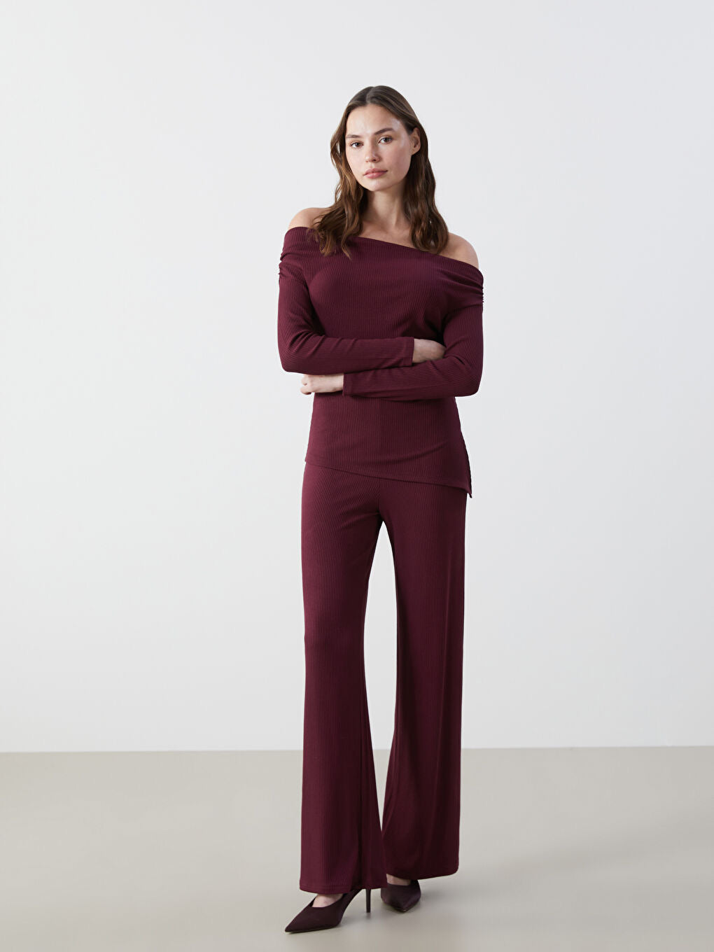 Slash Neck Ribbed Sweater Bodycon Top | Plum