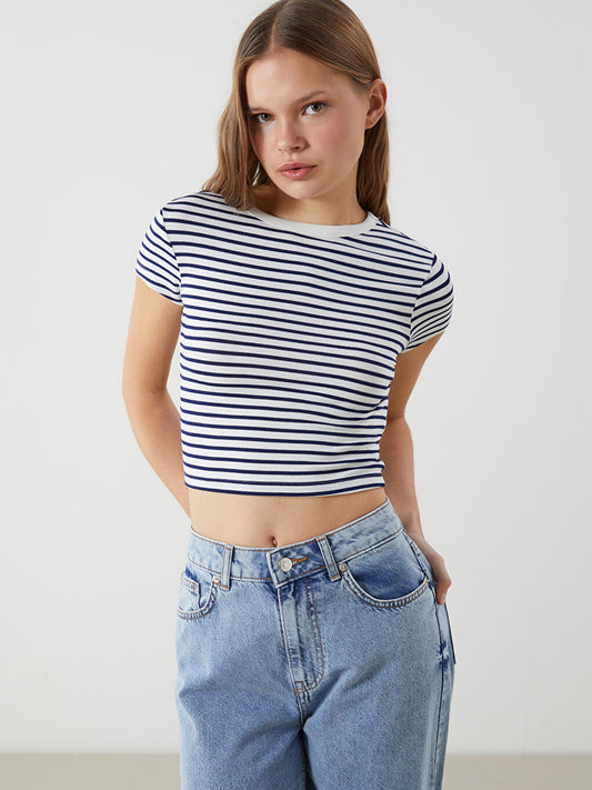 Crew Neck Striped Women's  Tops | White and Navy Blue