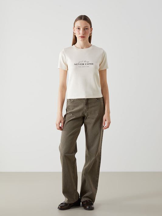 NEVER COME Crew Neck Printed Women's T-shirt | BEIGE