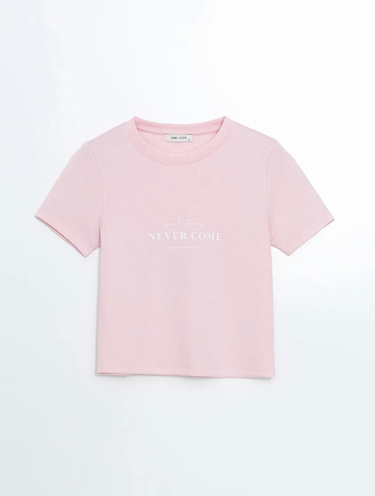 NEVER COME Crew Neck Printed Women's T-shirt | BABY PINK