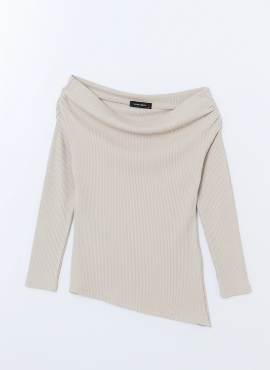 Slash Neck Ribbed Sweater Bodycon Top| BEIGE